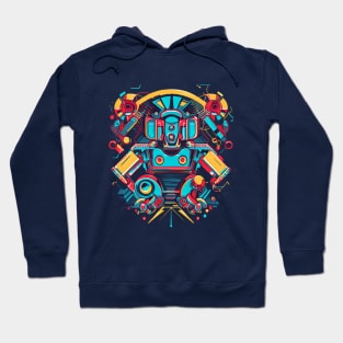 A piece that incorporates both retro and futuristic elements, such as robots and neon colors with a vintage twist. Hoodie